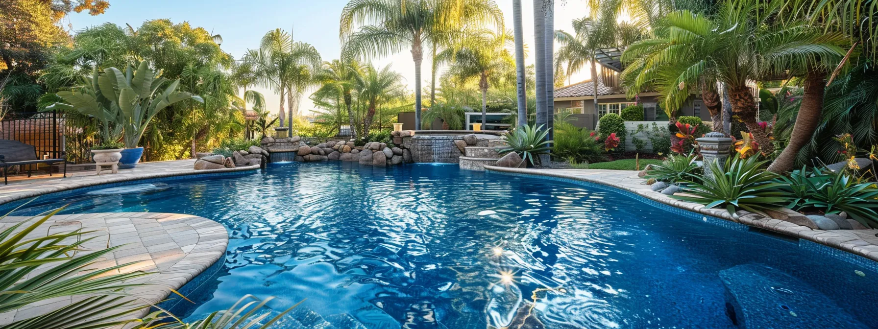 a serene winter scene captures a sparkling blue swimming pool surrounded by palm trees, with a warm glow from a nearby spa, emphasizing the importance of year-round maintenance in sunny san diego.