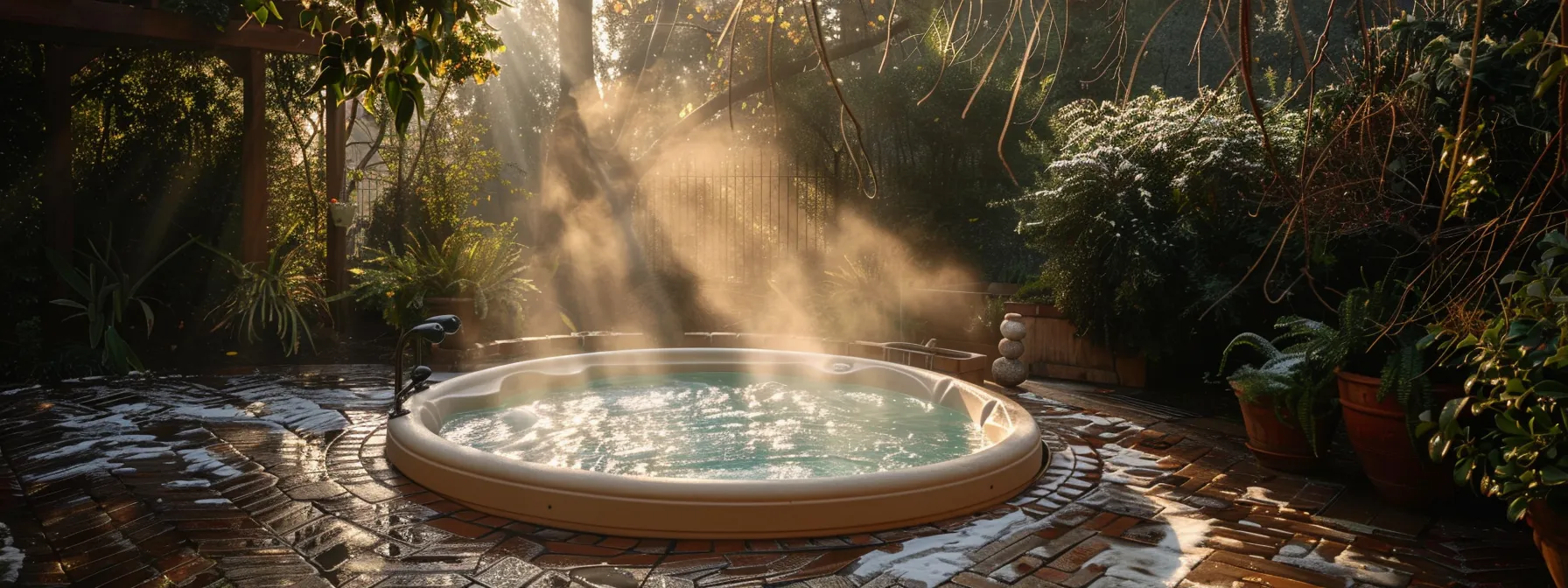 a serene winter spa setting in california, featuring a steaming hot tub surrounded by lush greenery and sparkling frost on the nearby pool deck, illuminated by soft afternoon sunlight.