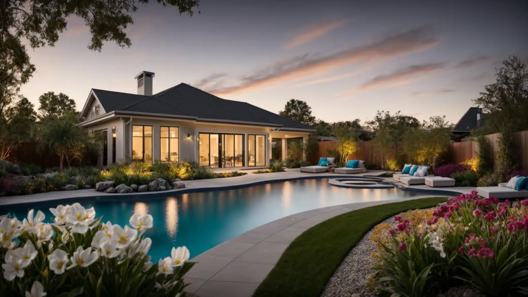 a bright, inviting backyard showcases a stunning newly constructed pool, surrounded by elegant landscaping and vibrant flowers, epitomizing the dream setting for homeowners seeking the perfect pool construction company.