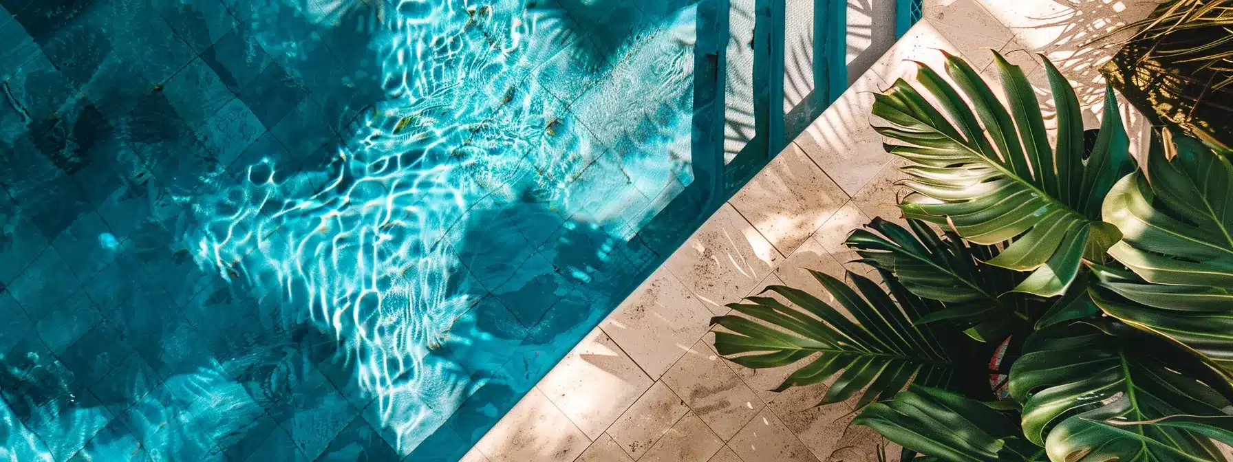 a luxurious, newly remodeled swimming pool in san diego, featuring shimmering turquoise water, elegant stone decking, and lush tropical landscaping under the warm california sun.