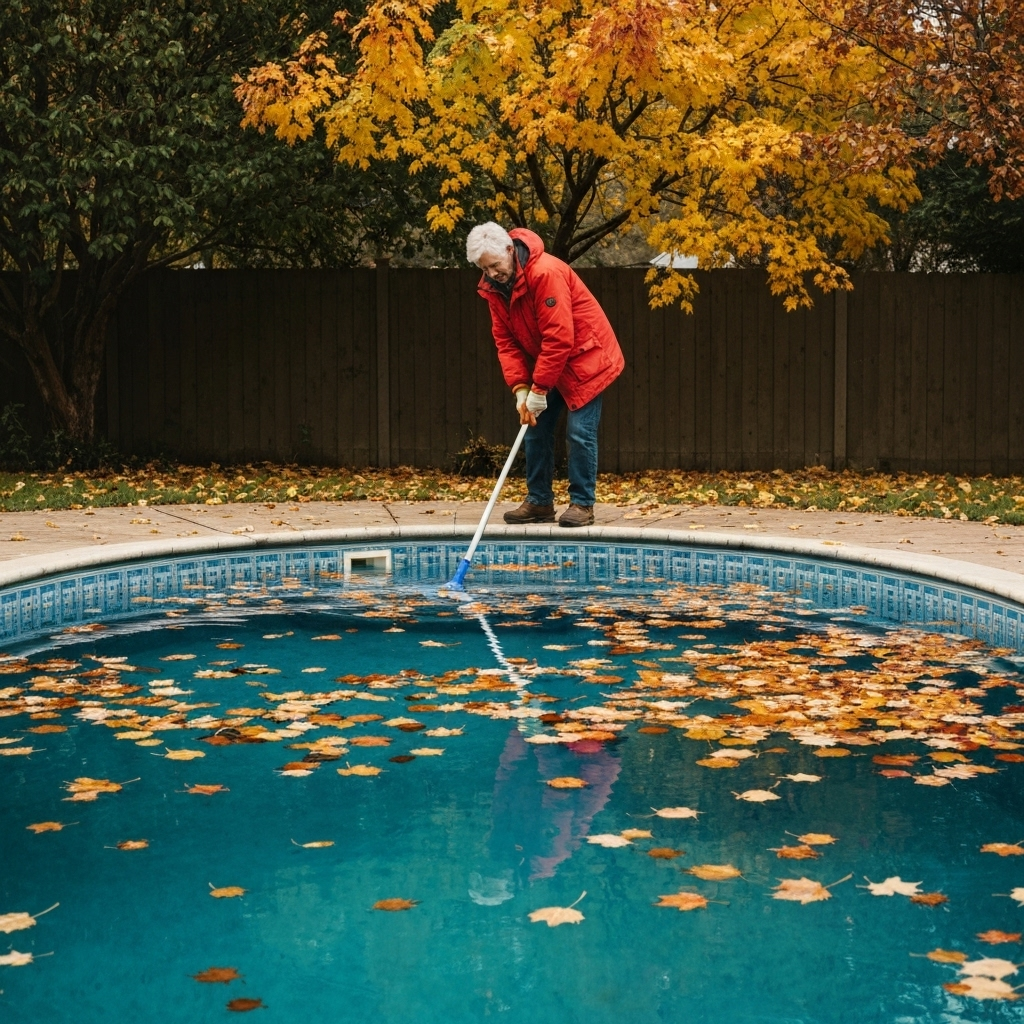 Cleaning pool in winter backyard