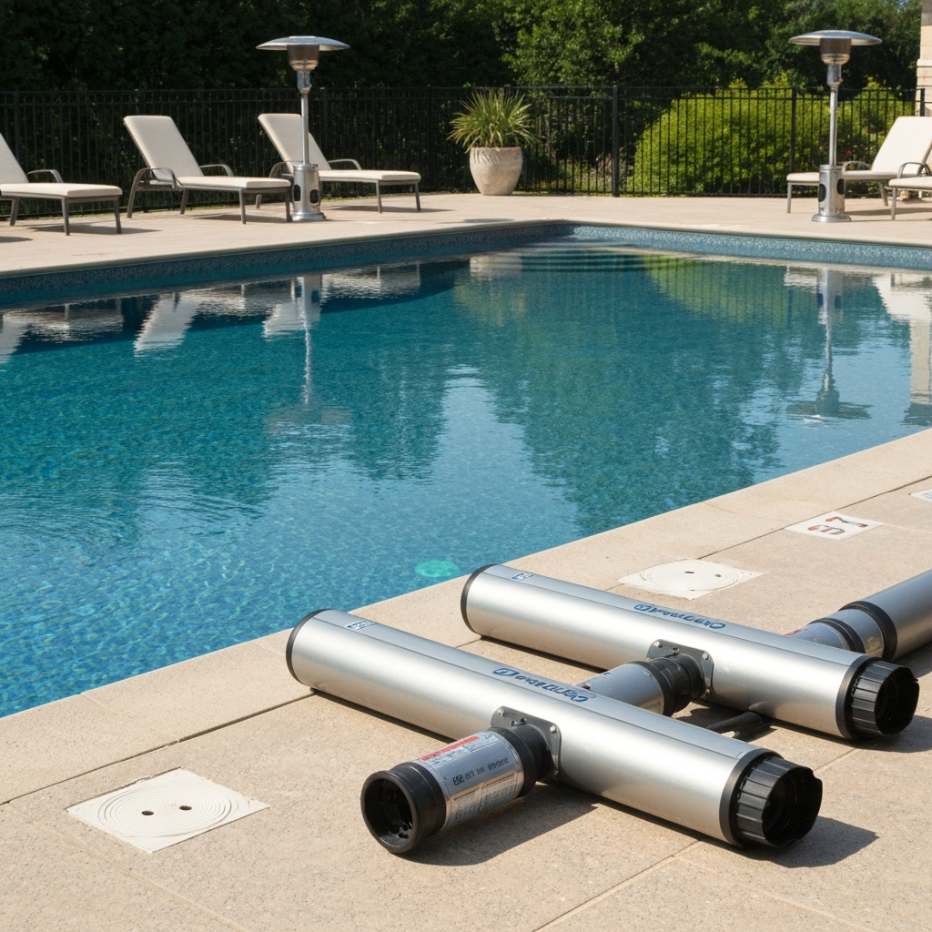 Various pool heaters by pool