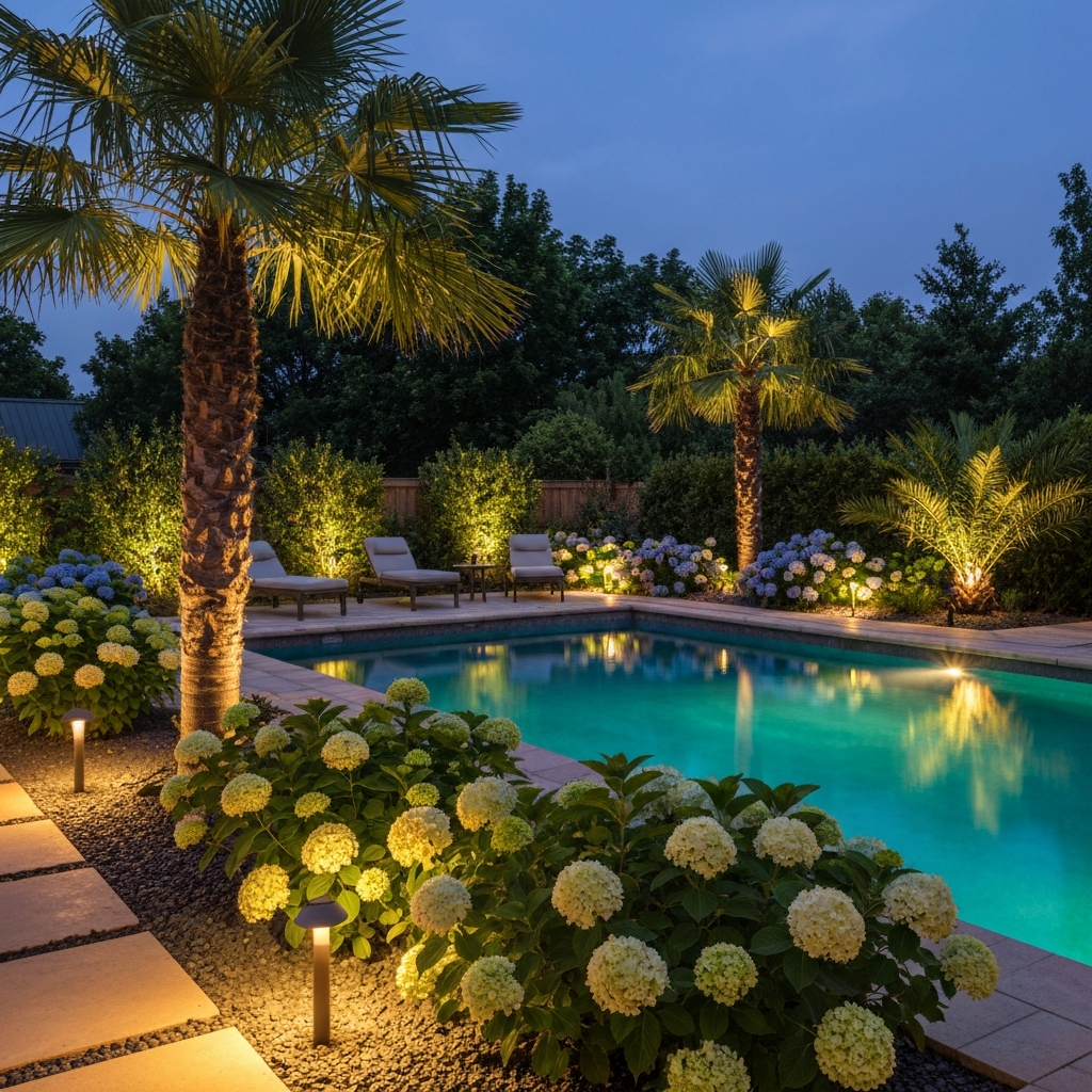 Backyard pool with landscape lighting