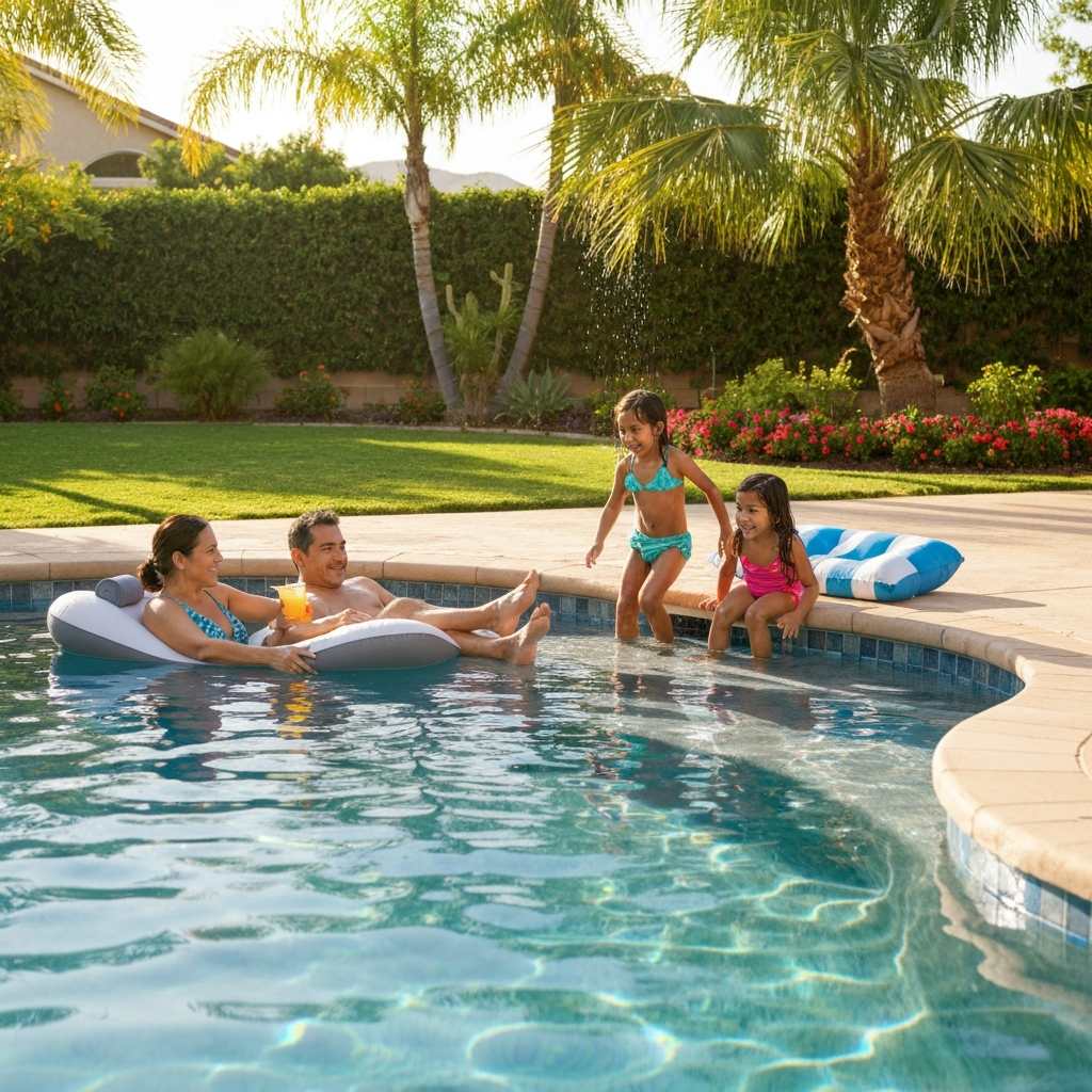 Family on baja shelf pool