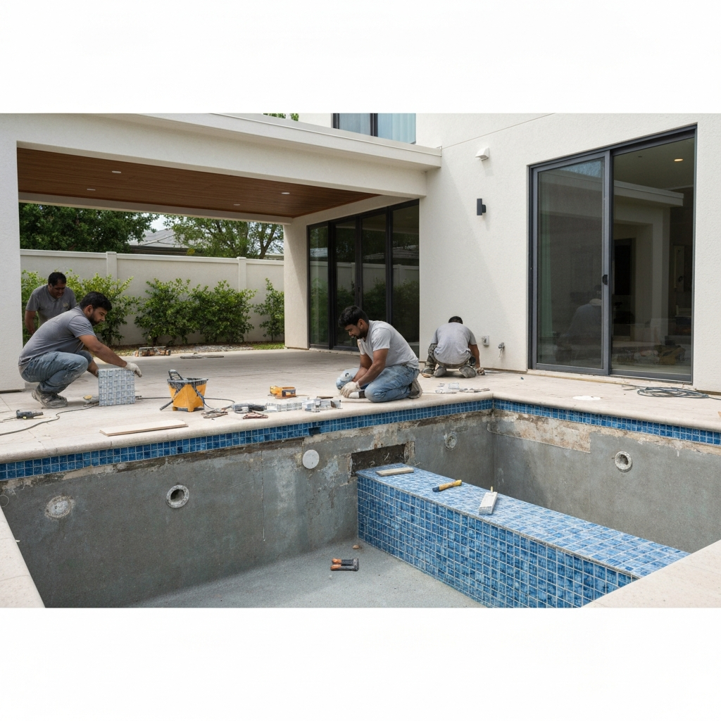 workers renovating pool tiles
