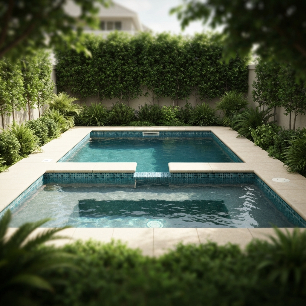 Compact pool and spa in backyard, compact swimming pool