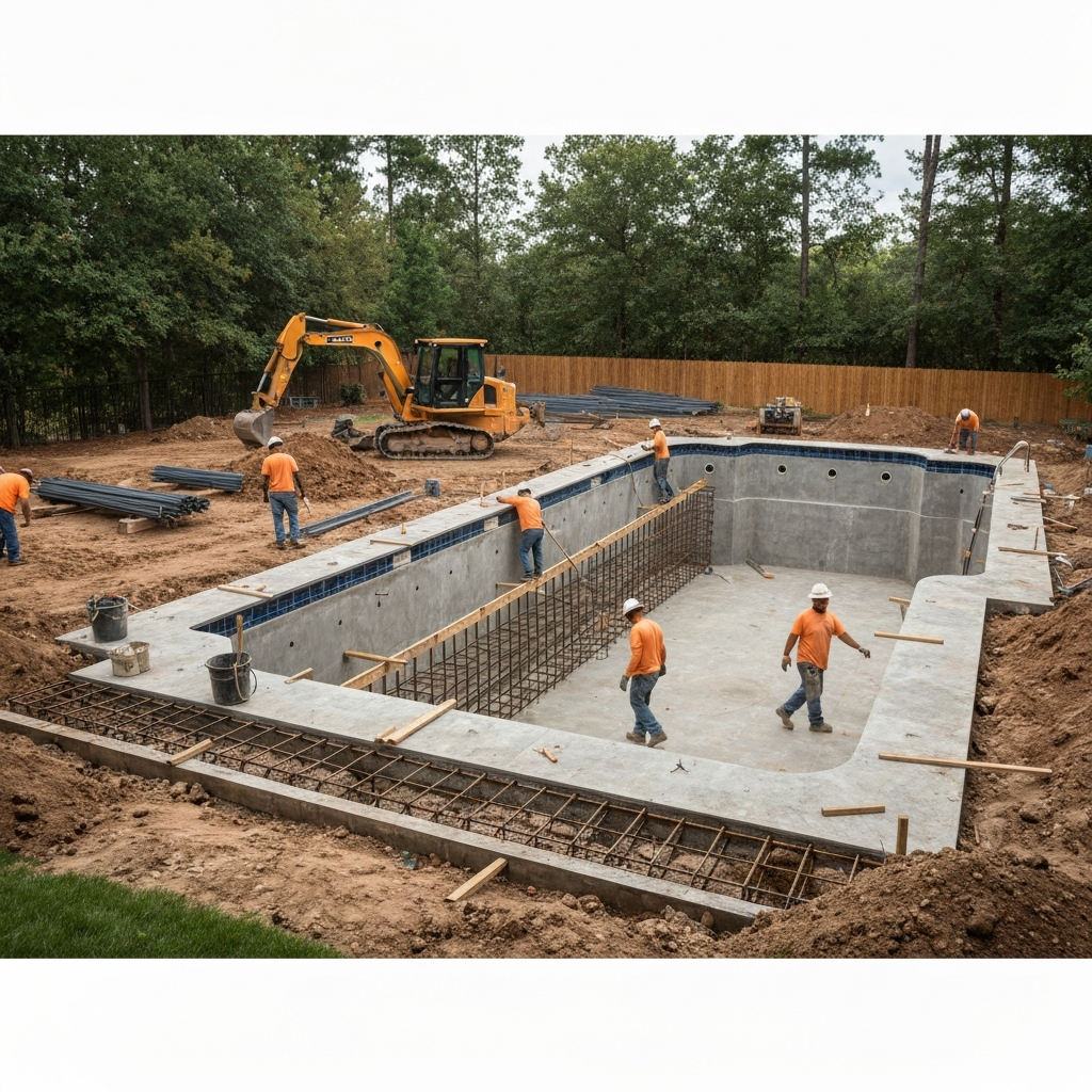 Workers build pool foundation, Cost of a Custom Pool
